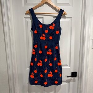 Leifnotes Navy Blue Sleeveless Dress with Orange Cherry Print and Half-Open Back